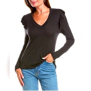 Elan Sz M Black Ruffle Sleeve V-Neck Top